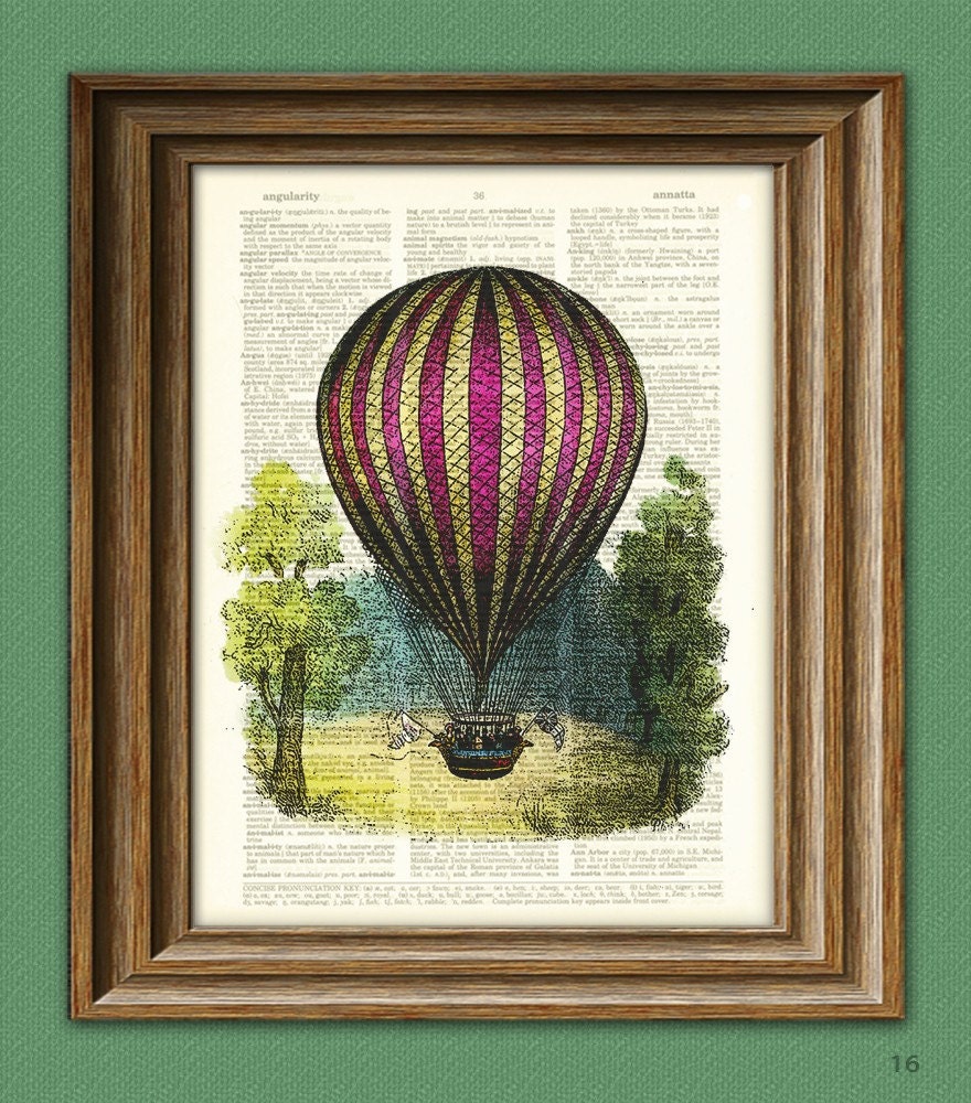 A Royal Hot Air Balloon voyage illustration dictionary page book altered art print