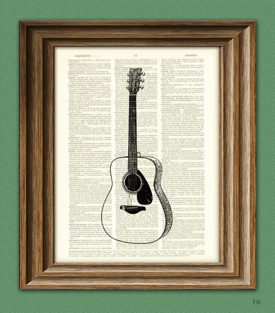 ACOUSTIC GUITAR altered art dictionary page illustration book print