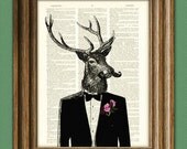 Well-Dressed Deer in a Tux with a Manly Mustache illustration beautifully upcycled dictionary page book art print