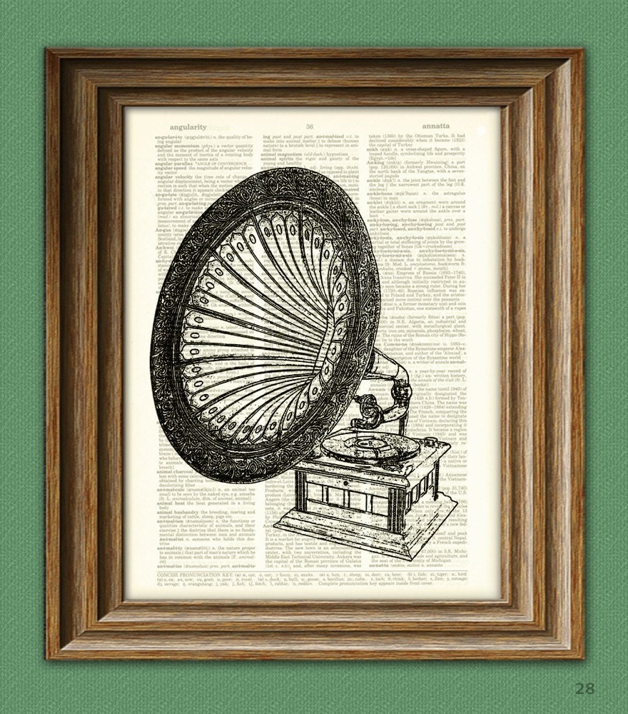 Antique GRAMOPHONE old record player print over an upcycled vintage dictionary page book art - Buy 3 get 1 Free
