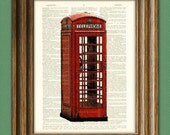 British RED TELEPHONE BOX art Booth beautifully upcycled vintage dictionary page book art print
