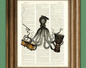 Soho Sally BEATNIK OCTOPUS with beret African Drum and bongos cuttlefish llustration beautifully upcycled dictionary page book art print