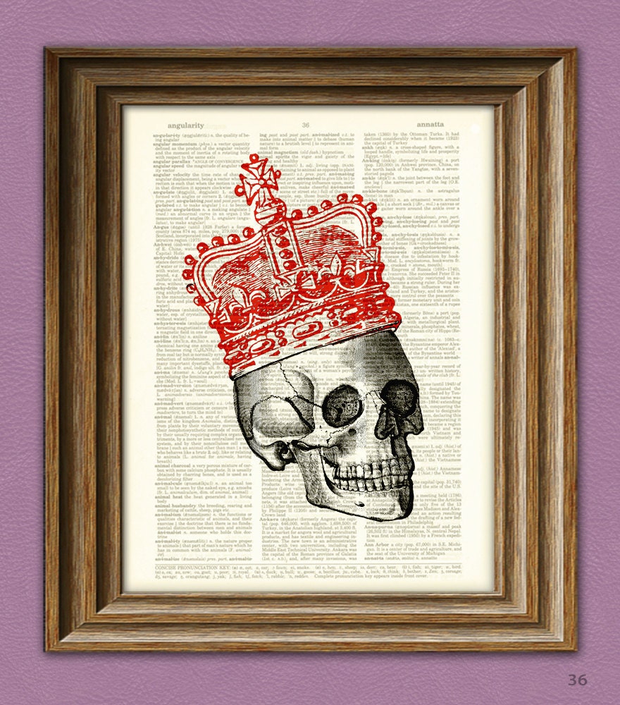 cool SKULL with red royal CROWN upcycled dictionary page book art print