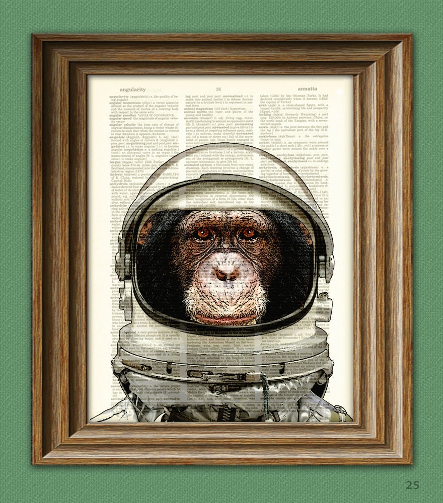 Astronaut Art Print Space Chimp Chimpanzee in helmet illustration beautifully upcycled dictionary page book art print