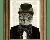 Dr. Barnabas Claw Victorian CAT gentleman with top hat bow tie scarf and nose glasses upcycled dictionary page book art print doctor