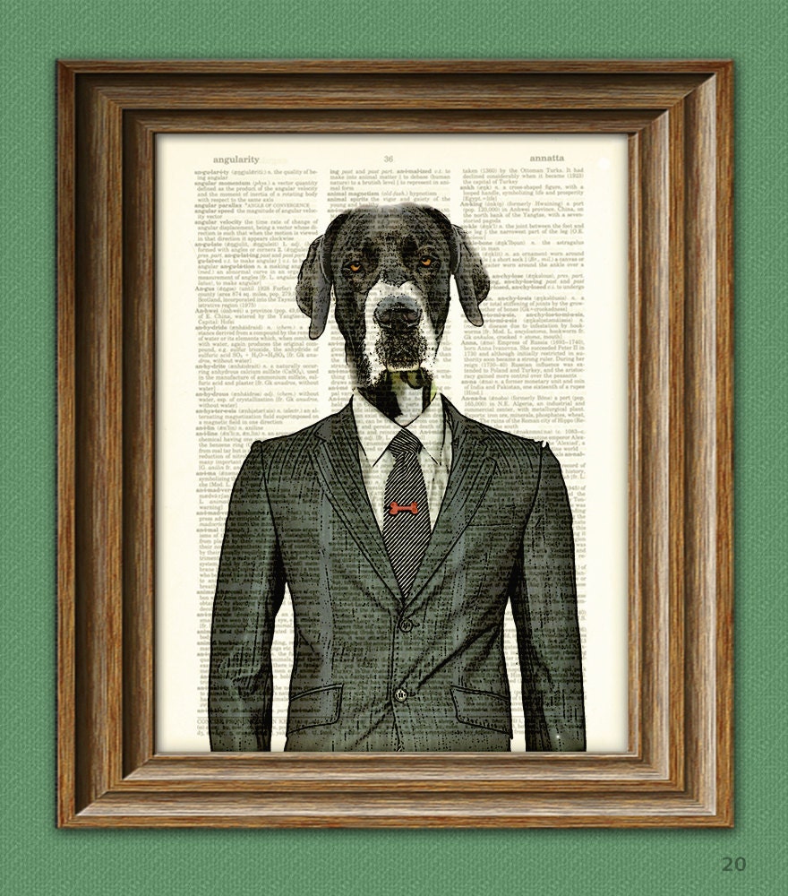Maynard the Old Dog in Business Suit Great Dane illustration beautifully upcycled dictionary page book art print