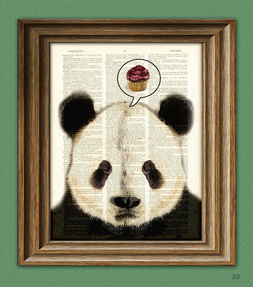 PANDA WANTS CUPCAKES Panda Bear beautifully upcycled vintage dictionary page book art print