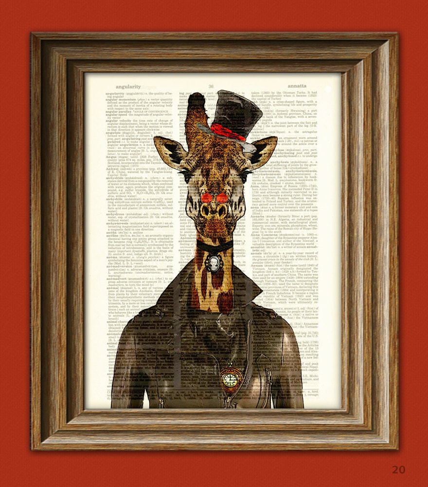 Steampunk Giraffe "Countess Cornelia" Giraffe with top hat and leather jacket steam punk illustration dictionary page book art print