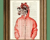 Saul the Hipster Giraffe with glasses and a hoodie in red illustration beautifully upcycled dictionary page book art print