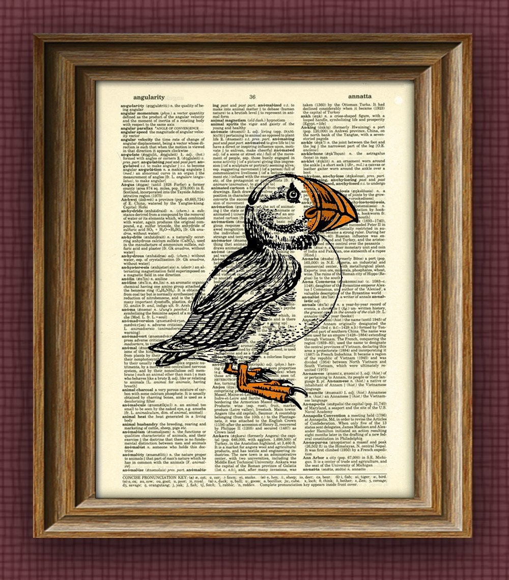 Puffin Art Print over an upcycled vintage dictionary page book art