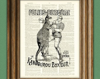 Boxing Kangaroo Folies-Bergere print over an upcycled vintage dictionary page book art