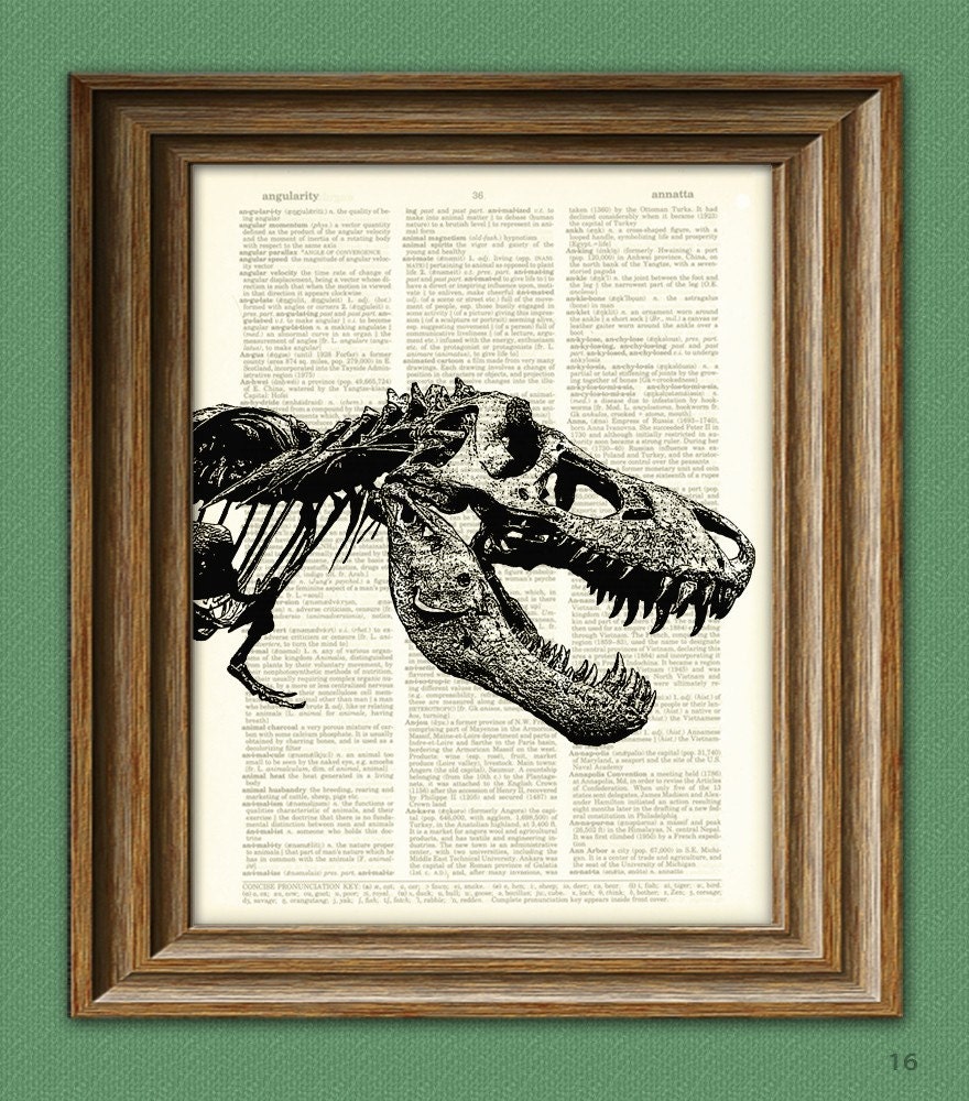 RAWR T-Rex dinosaur skeleton skull beautifully upcycled history animal dictionary page book art print