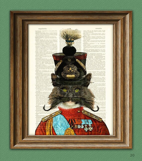 Regimental Soldier Kitty in a Shako hat with super epic handlebar mustache illustration beautifully upcycled dictionary page book art print