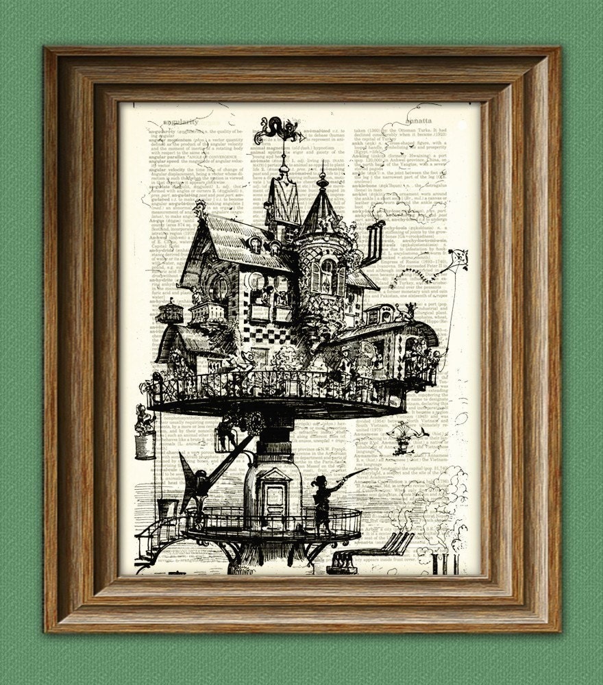 Vintage Dictionary Art Print Steampunk aerial house illustration beautifully upcycled dictionary page book art