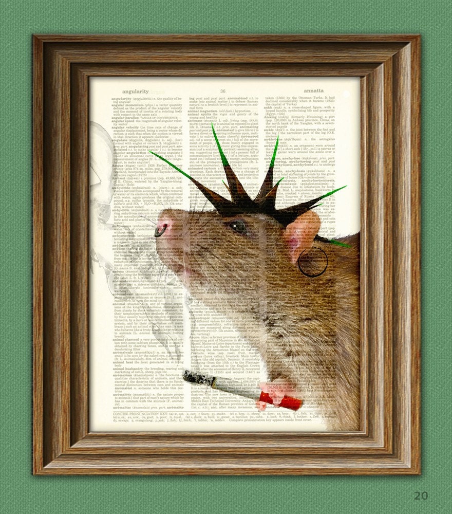 Ratty Rotten PUNK Rock RAT illustration beautifully upcycled dictionary page book art print Buy 3 Get 1 Free
