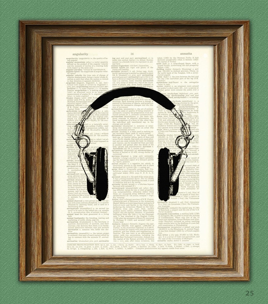 Cool DJ Spinning HEADPHONES print over an upcycled vintage dictionary page book art