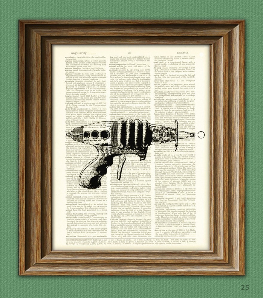 Geeky Space Retro RAY GUN beautifully upcycled vintage dictionary page book art print