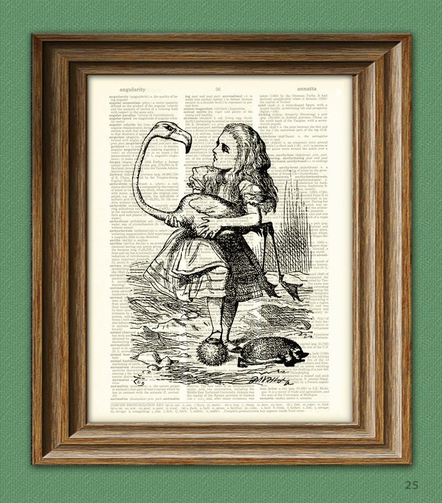 Croquet with flamingo and hedgehog Alice in Wonderland beautifully upcycled vintage dictionary page book art print