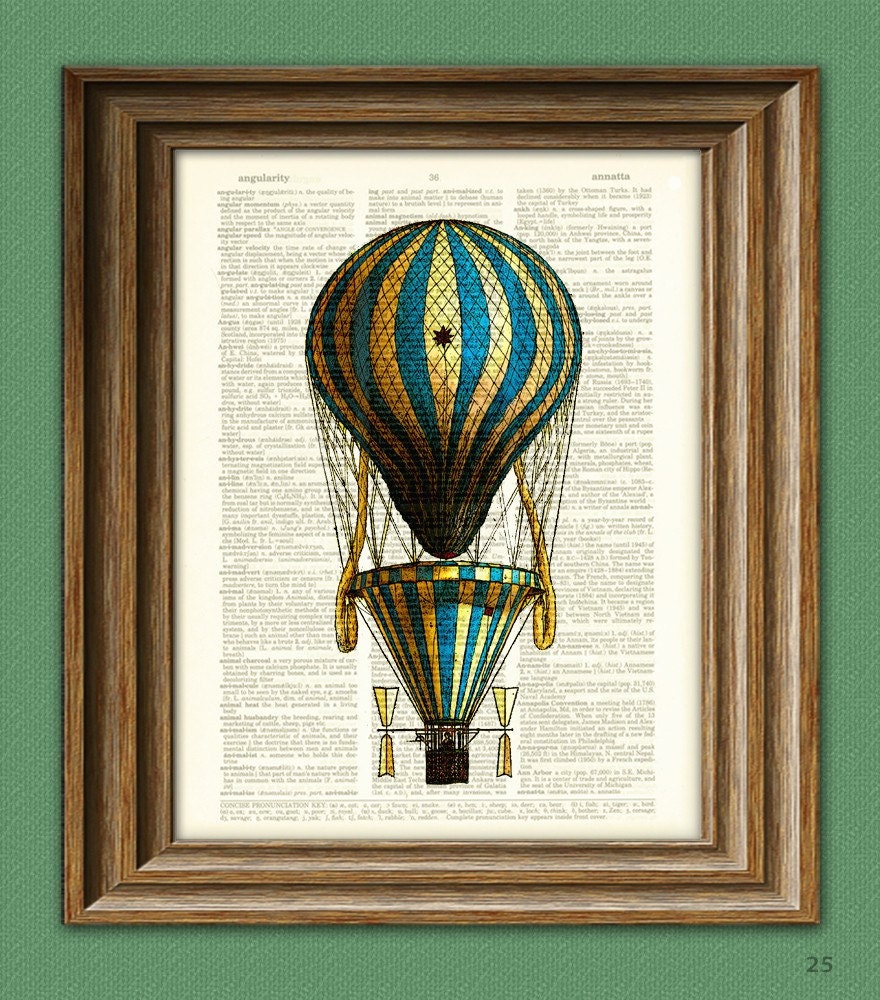 Hot Air Balloon Art Print blue and yellow striped Hot Air Balloon voyage illustration dictionary page book altered art print