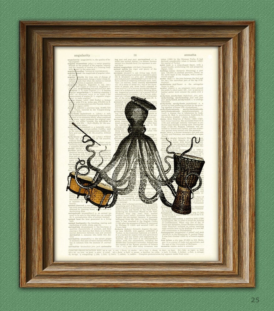 Soho Sally BEATNIK OCTOPUS with beret African Drum and bongos cuttlefish llustration beautifully upcycled dictionary page book art print