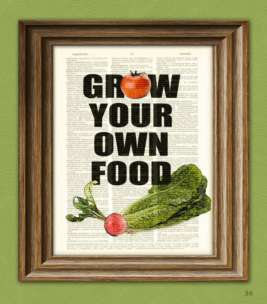 GROW Your Own FOOD with tomato, radish, and lettuce word altered art dictionary page illustration book print