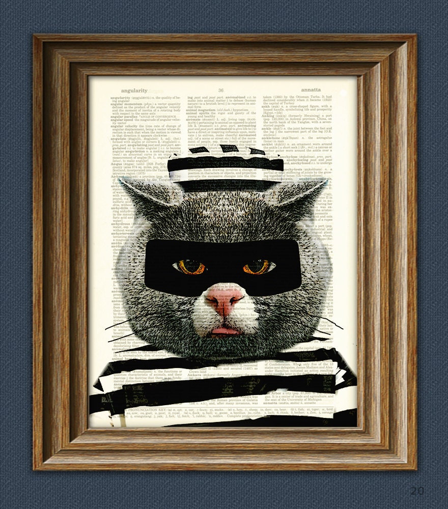 The Cat Burglar art print Cat in prisoner clothes upcycled dictionary page book art print