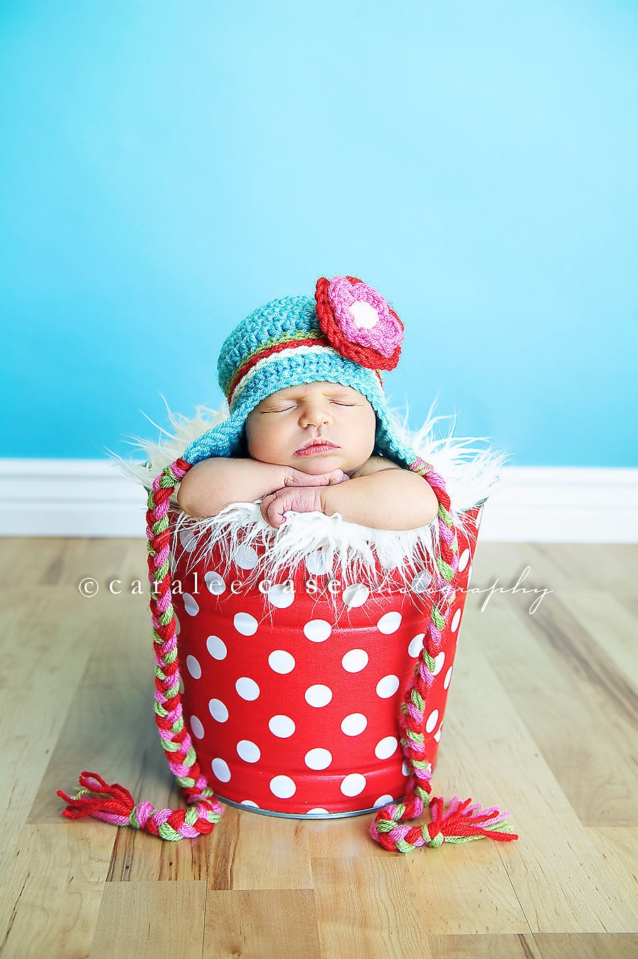 Summer Love Newborn Baby Beanie in Aqua and Red
