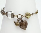Neo Victorian Charm Bracelet bird heart gold brass chandelier crystal green Swarovski pearl filigree jewelry Gift by Steampunk Nation R1071