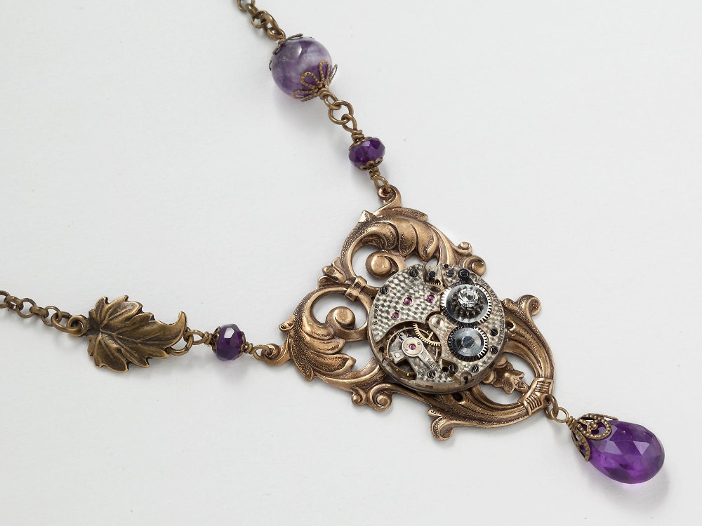 Steampunk necklace vintage silver watch movement genuine purple Amethyst & crystal Victorian gold brass leaf jewelry Steampunk Nation 1580