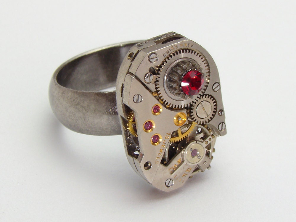 Steampunk Ring vintage watch movement gears ruby red Swarovski crystal Neo Victorian gothic silver band jewelry by Steampunk Nation 1577