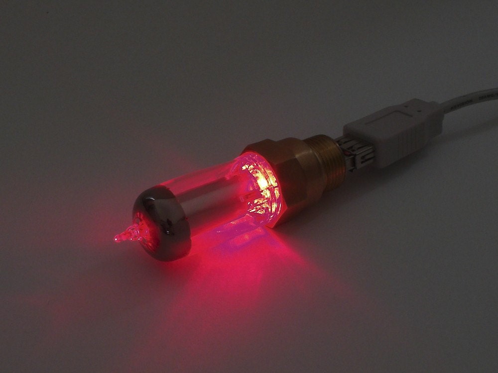 Steampunk USB flash drive 4gb vintage glass vacuum tube antique clock gears, thumb drive, lights up with red LED brass, silver, computer, portable data, original design by Steampunk Nation 944
