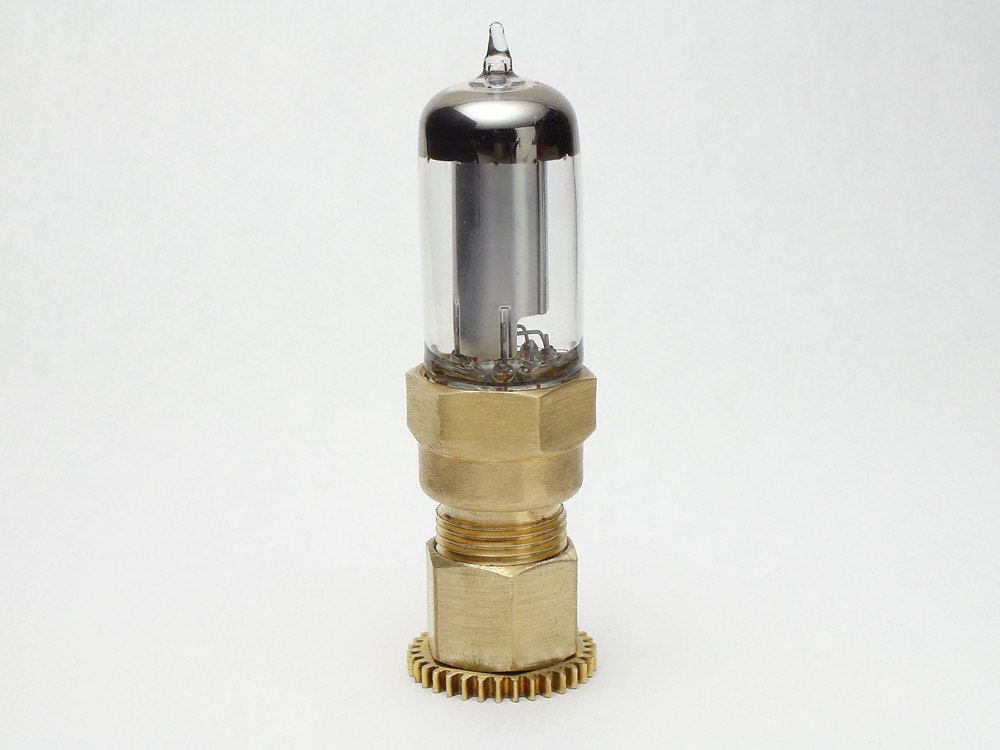 Steampunk USB flash drive 4gb vintage glass vacuum tube antique clock gears, thumb drive, lights up with red LED brass, silver, computer, portable data, original design by Steampunk Nation 944