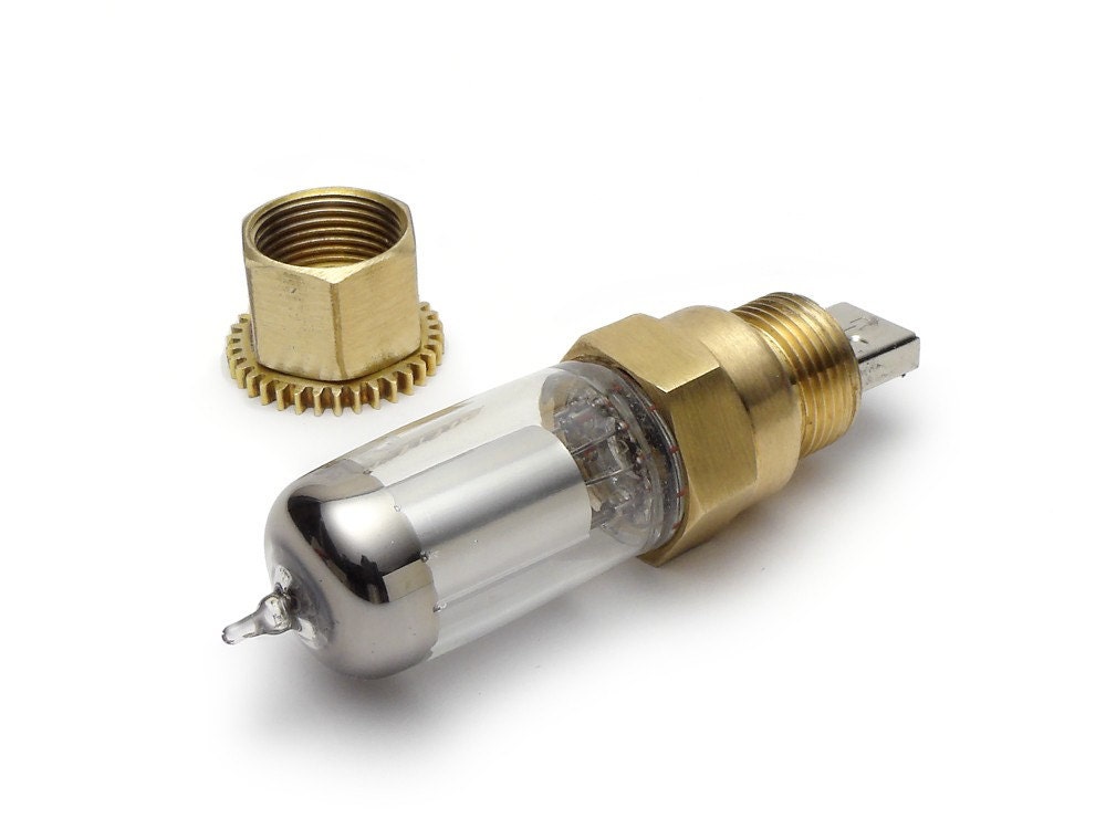 Steampunk USB flash drive 4gb vintage glass vacuum tube antique clock gears, thumb drive, lights up with red LED brass, silver, computer, portable data, original design by Steampunk Nation 944