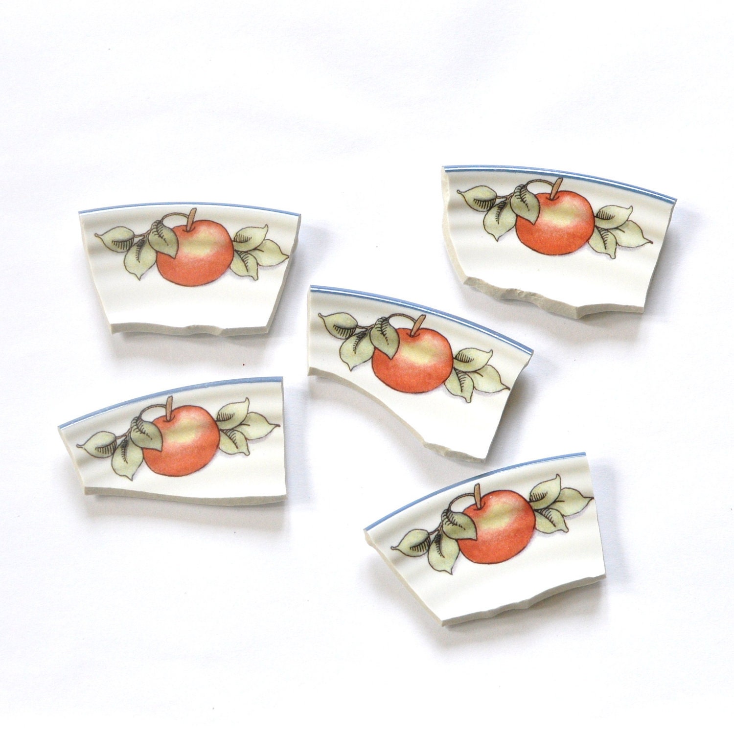 Broken China Mosaic Tiles - Apple with Blue Trim - Border Tile -  Set of 5