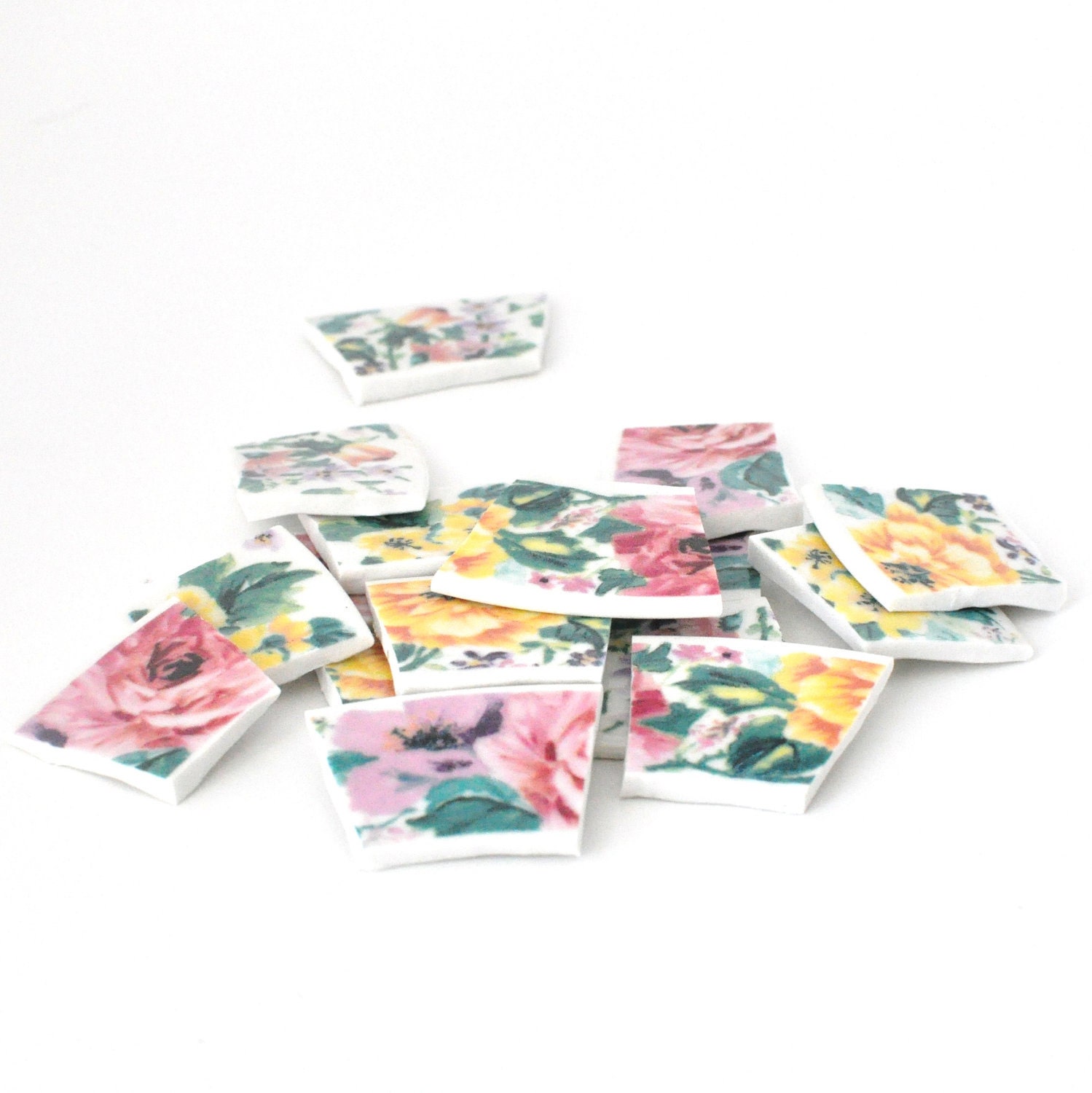 Broken China Mosaic Tiles - Chintz Flowers - Set of 16