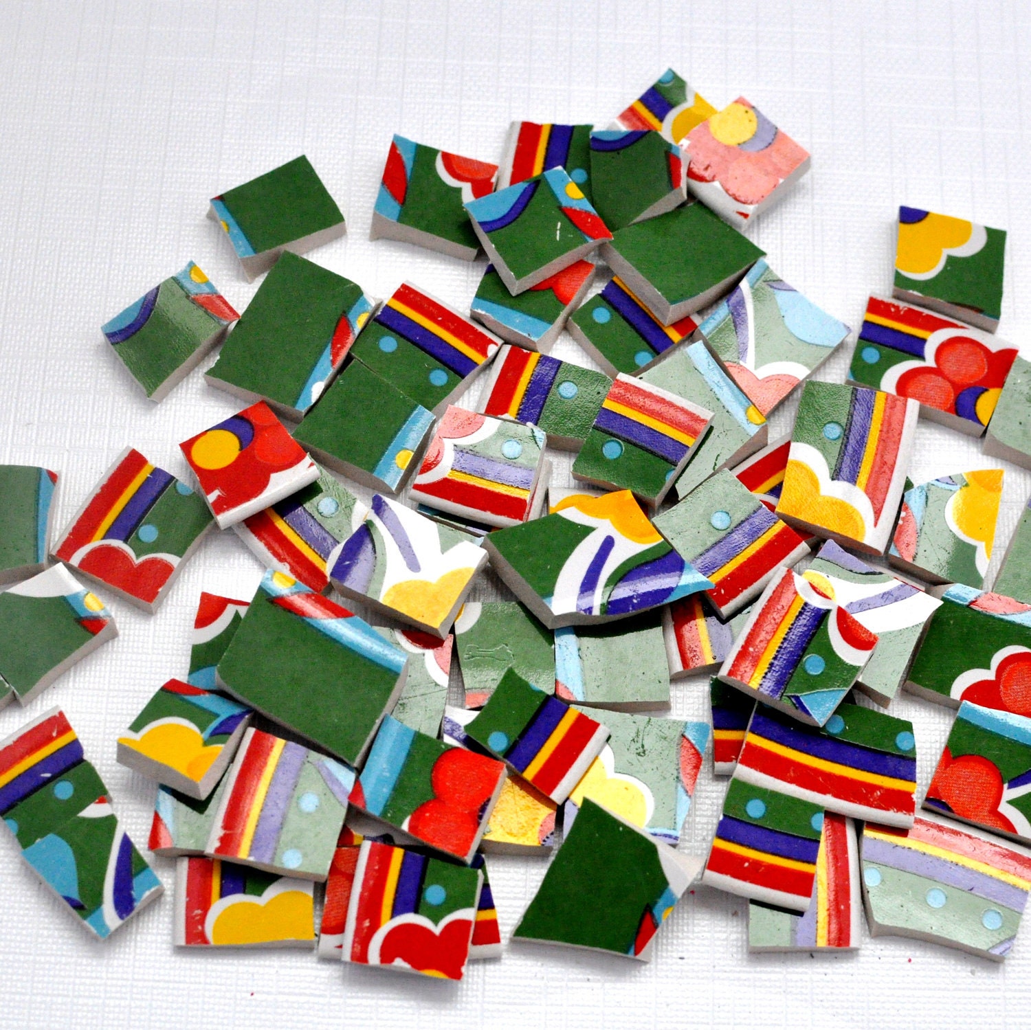 Broken China Mosaic Tile - Colorful Flowers - Green - Set of 70