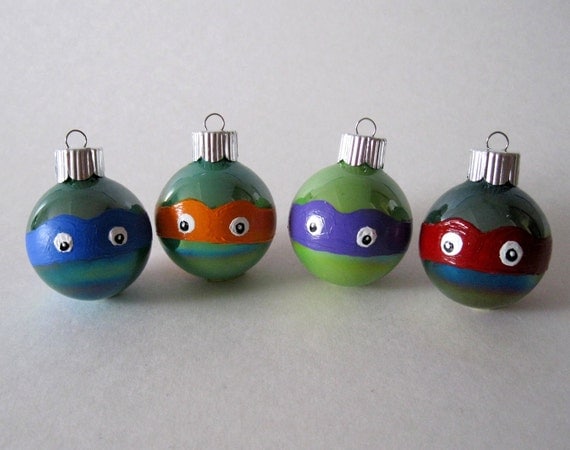 Ninja Turtles Christmas Ornament- Set of 4 Hand Painted TMNT Inspired Miniature Glass Ball Ornaments