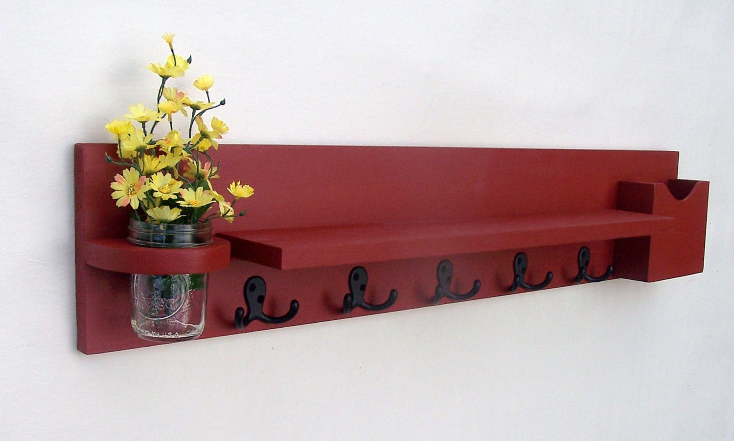 Coat Rack Shelf with Mail Holder - Coat Shelf - Coat Holder - Coat Hooks - Jar Vase - Painted Wood Shelf