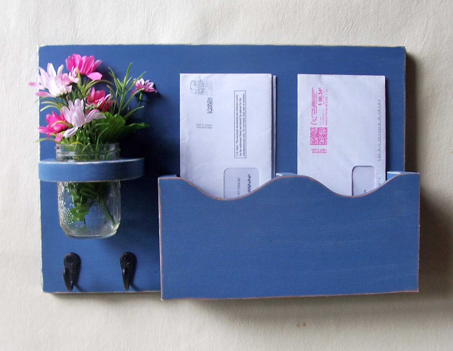 Mail Holder - Double Slots - Key Hooks - Jar Vase - Organizer - Painted Distressed Wood