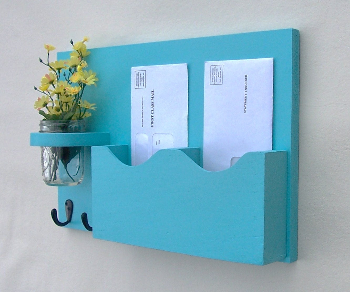 Mail Organizer - Mail Holder - Double Slots - Key Hooks - Jar Vase - Organizer - Painted Distressed Wood
