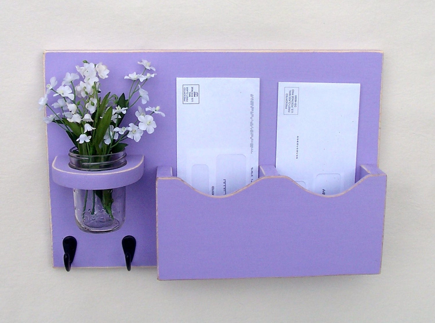 Mail Organizer - Mail Holder - Letter Holder - Key Hooks - Jar Vase - Organizer - Painted Distressed Wood