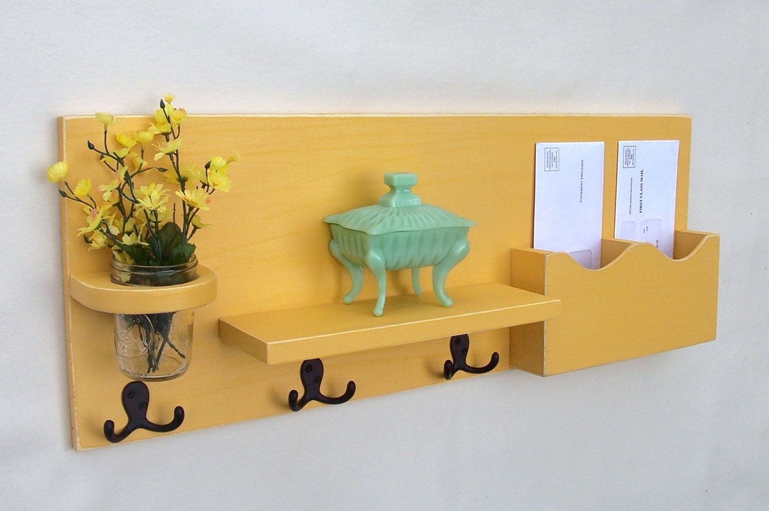 Mail Organizer - Mail and Key Holder - Shelf - Coat Hooks - Key Hooks - Coat Rack - Wood
