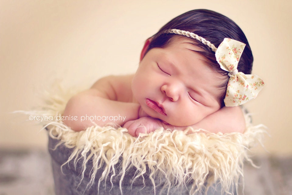 Baby Headband Prop Halo Tie Back - Vintage Style Bow   Newborn Photography Prop