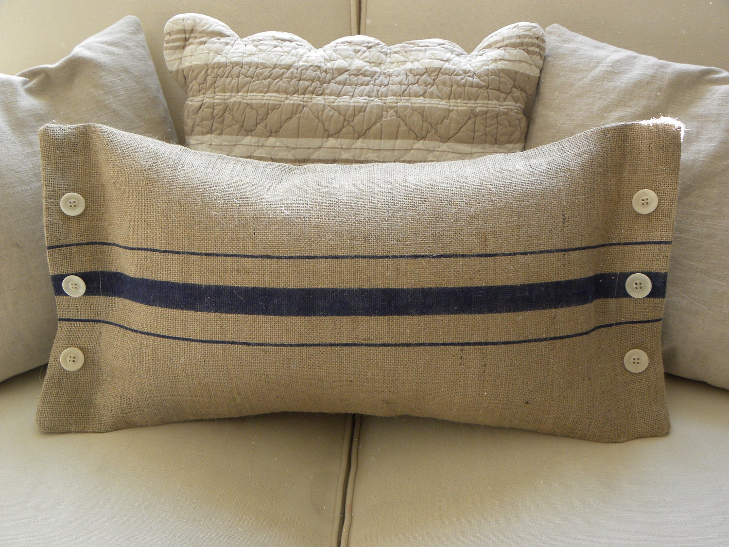 Beachy coastalblue stripes burlap faux grainsack lumbar pillow cover with buttons