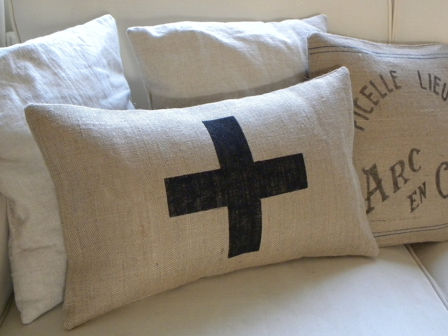 Burlap pillow cover with swiss cross