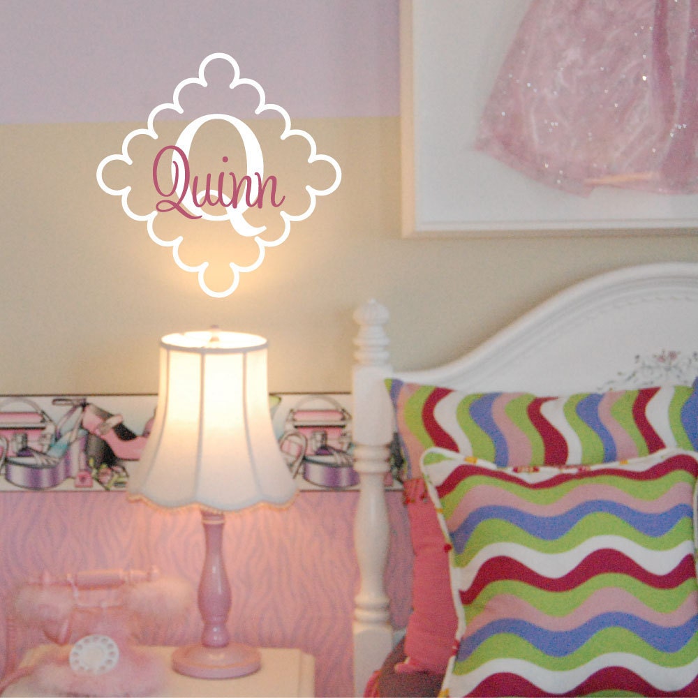 Diamond Frame MONOGRAM NAME and Initial wall decal, bedroom or baby girl nursery, vinyl lettering sticker (W00926)