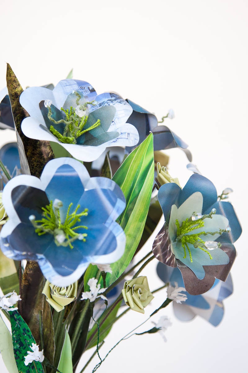 Paper Wedding Bouquet and Matching Boutonniere - Blue Flowers