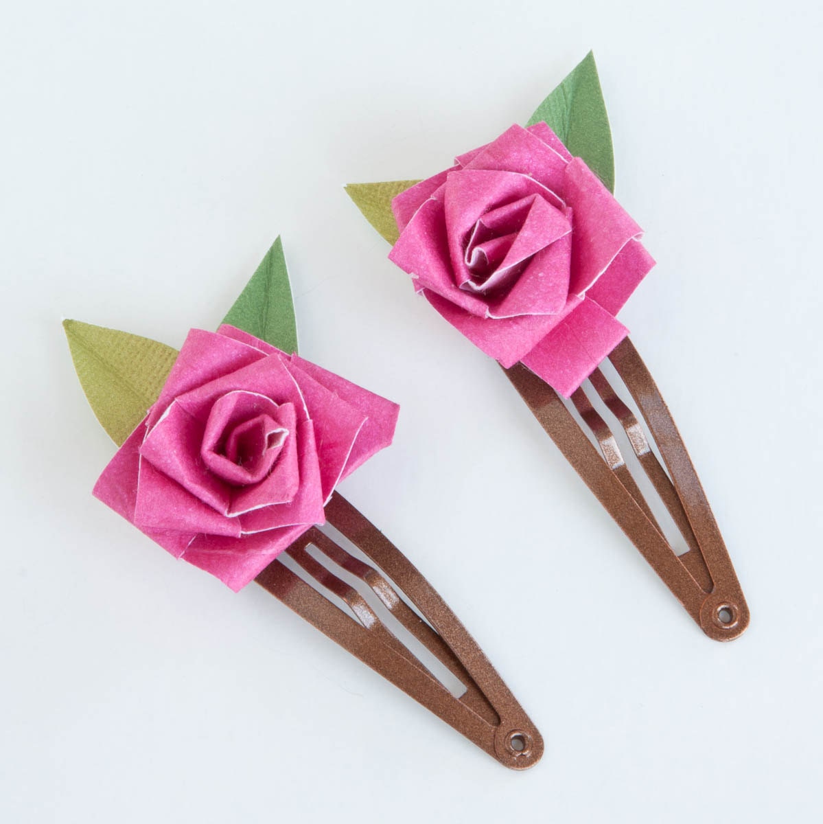 Pair of Paper Rose Barrettes - Fuchsia