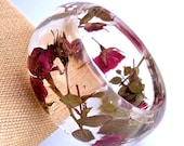 Red Resin Bangle.  Chunky Rosebud Bangle Bracelet.  Real Flower and Leaf Bracelet.  Pressed Flower Bangle Cuff.
