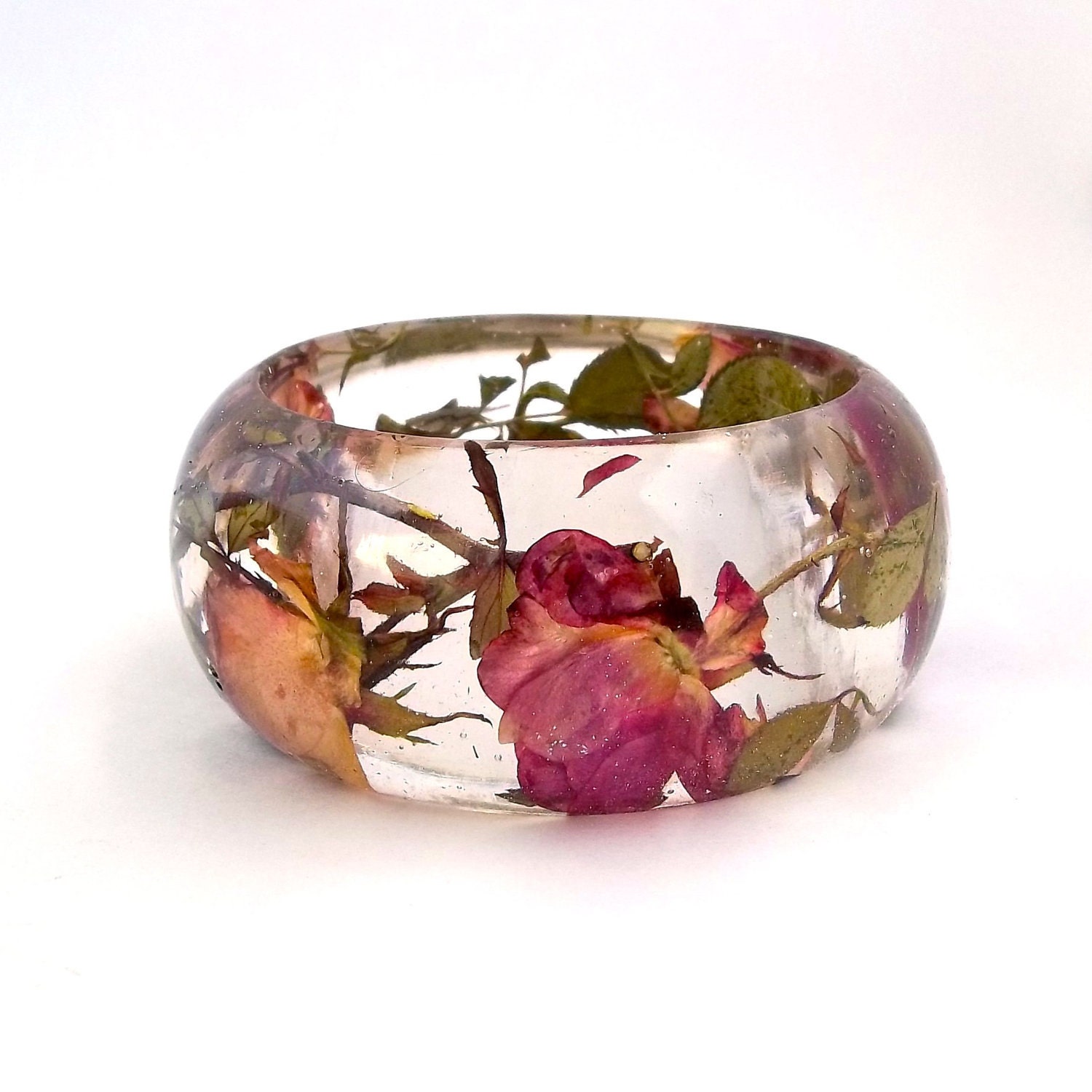 Red and Cream Roses in a Chunky Resin Bangle.  Pressed Roses Bangle Bracelet.  Real Flowers - Pressed Rosebuds.  Handmade Resin Jewelry